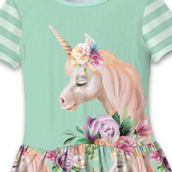 🦄 Sunshine Swing Girls Turquoise Green Floral Unicorn Drop Waist Dress 🦄 - Picture 2 of 2